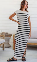 White and black striped knit dress