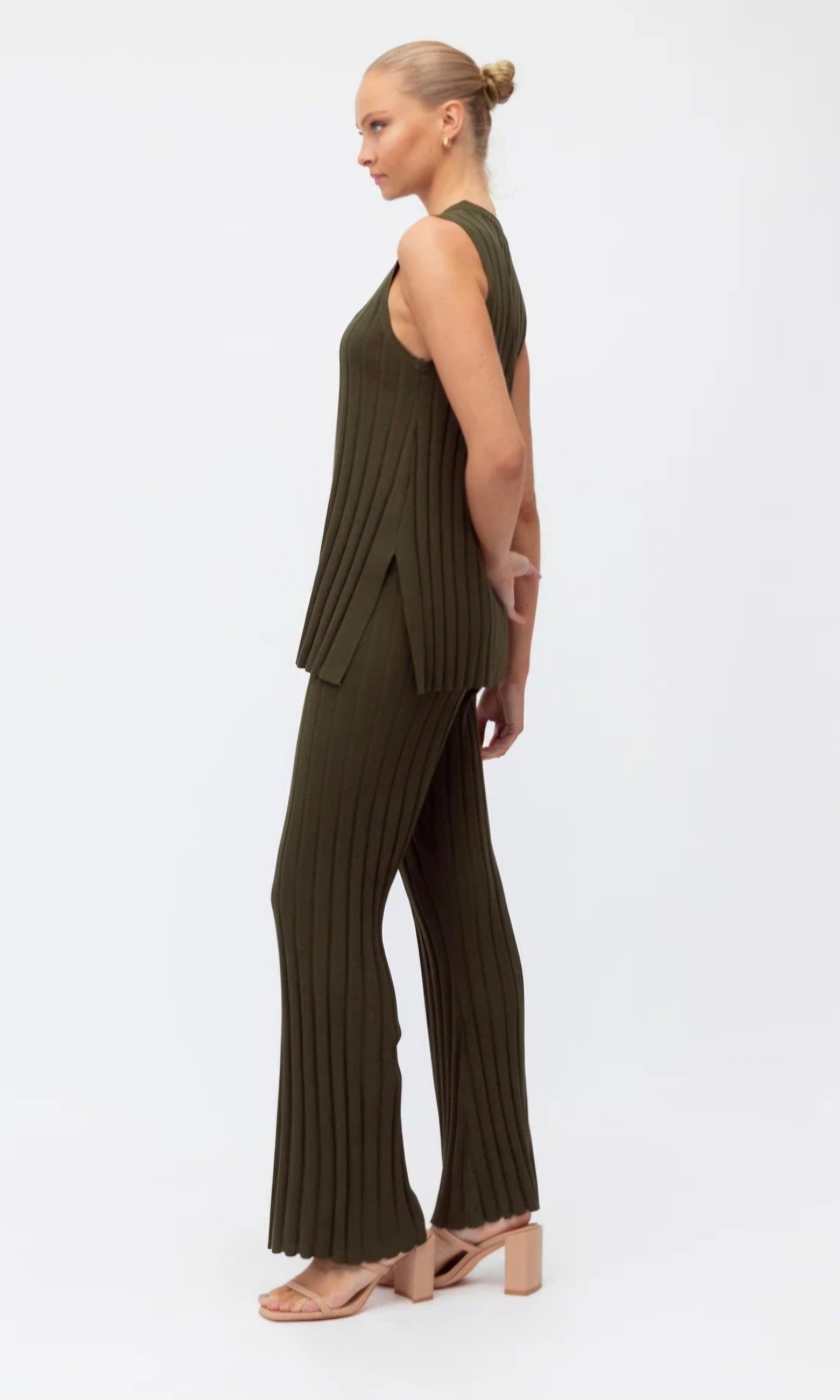 Khaki Wide Rib Knit Pants