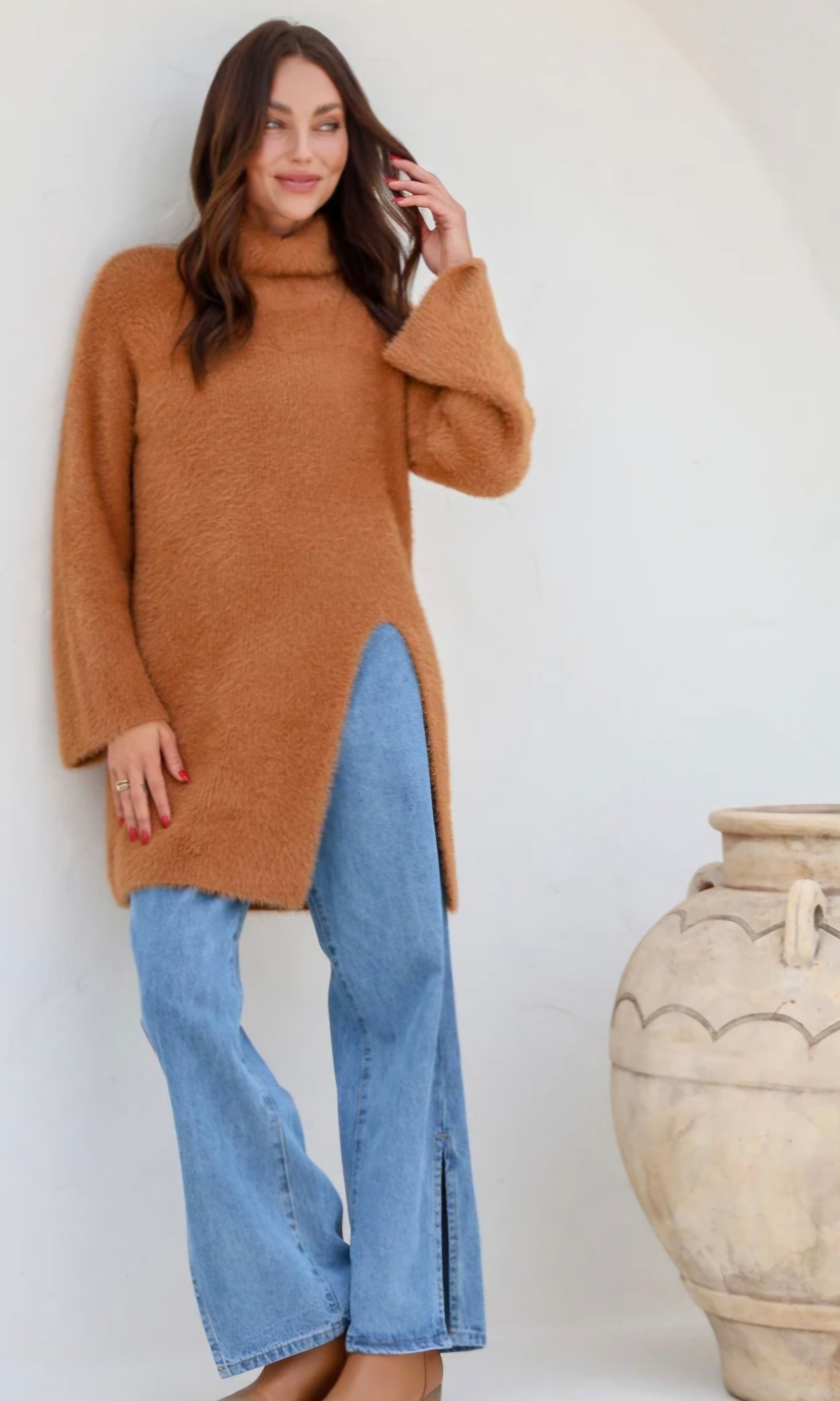 Cassie High Roll Neck Knit in Rust